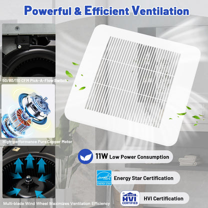 Ventilador de techo para baño de 50/80/110 CFM con Pick-A-Flow y conducto de 4 pulgadas