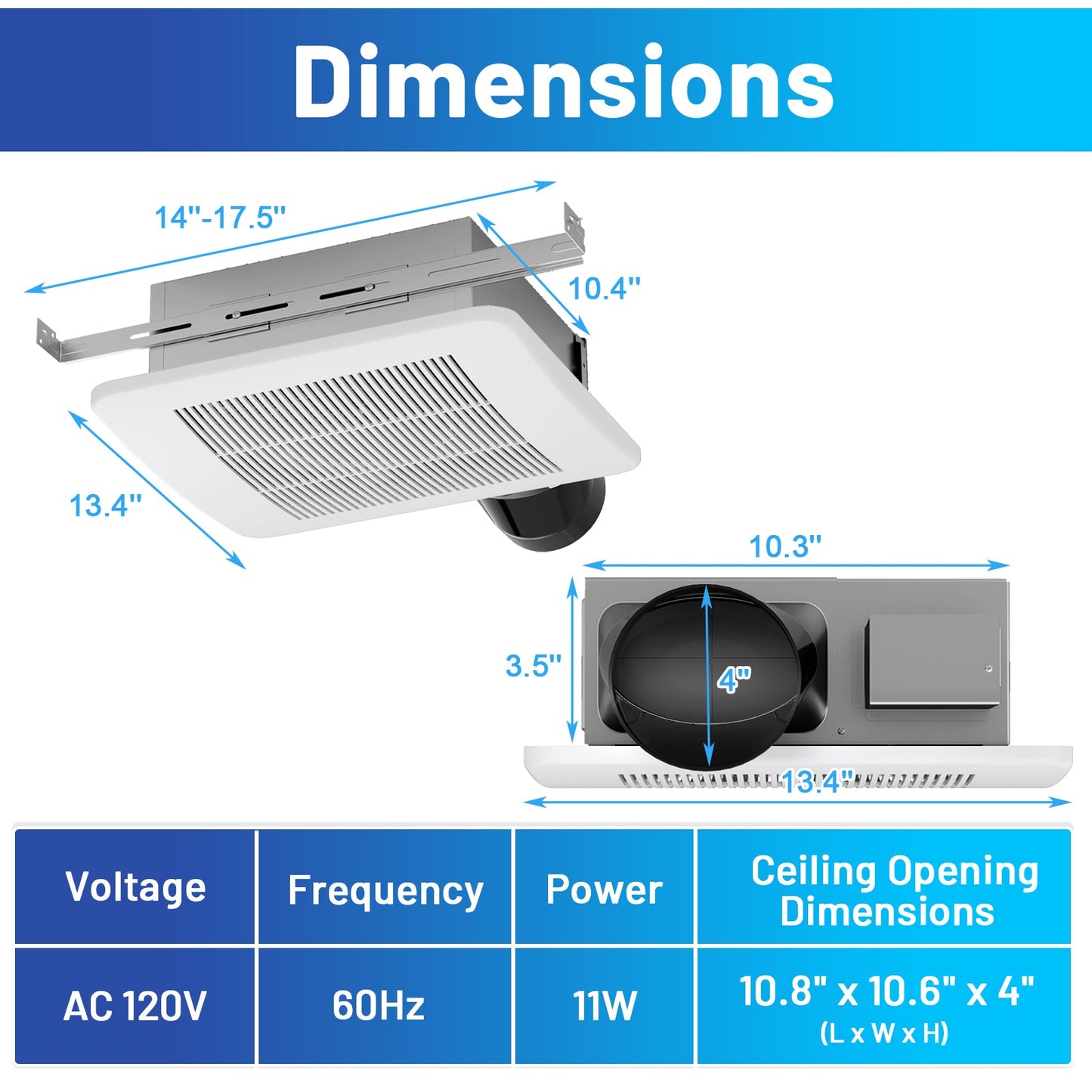 Ventilador de techo para baño de 50/80/110 CFM con Pick-A-Flow y conducto de 4 pulgadas