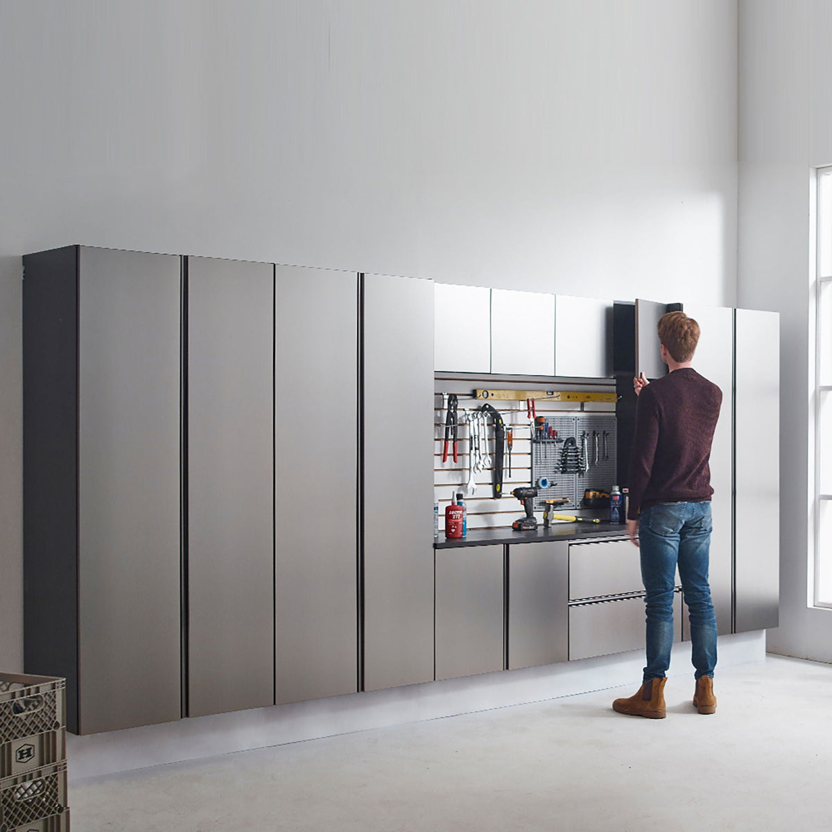 Wall mounted garage cabinet set in dark gray with deep storage and pegboard HouseOfZazla on Tampa Home & Garden Store
