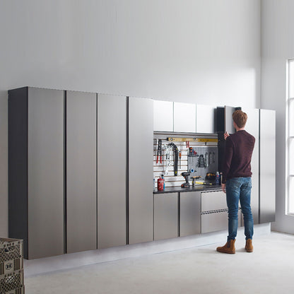 Wall mounted garage cabinet set in dark gray with deep storage and pegboard HouseOfZazla on Tampa Home & Garden Store