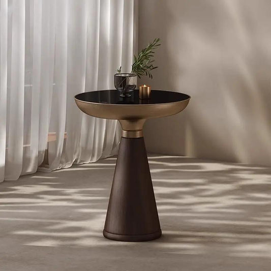 Tempered glass round side table with black top, gold rim, and dark wood conical base on Tampa Home & Garden Store
