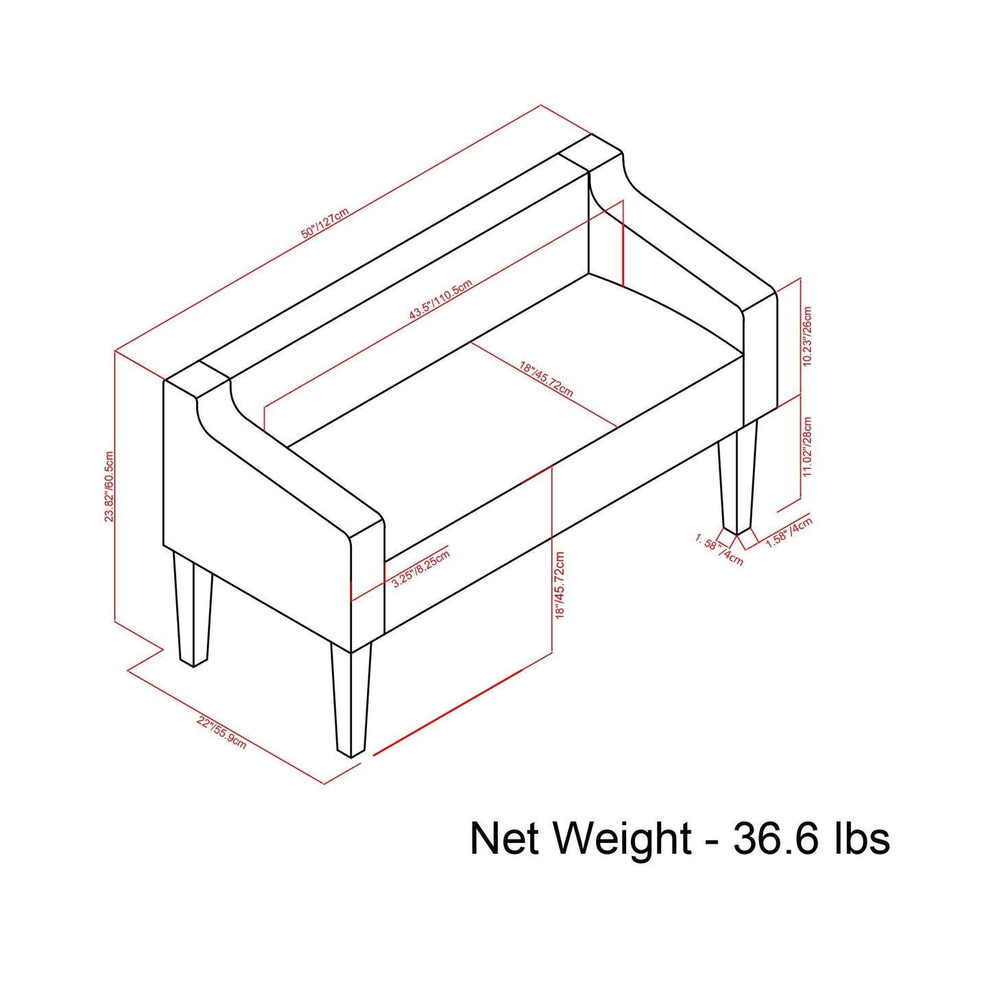 Parris Upholstered Bench Platinum by HouseOfZazla isometric drawing with red dimensions on Tampa Home & Garden Store