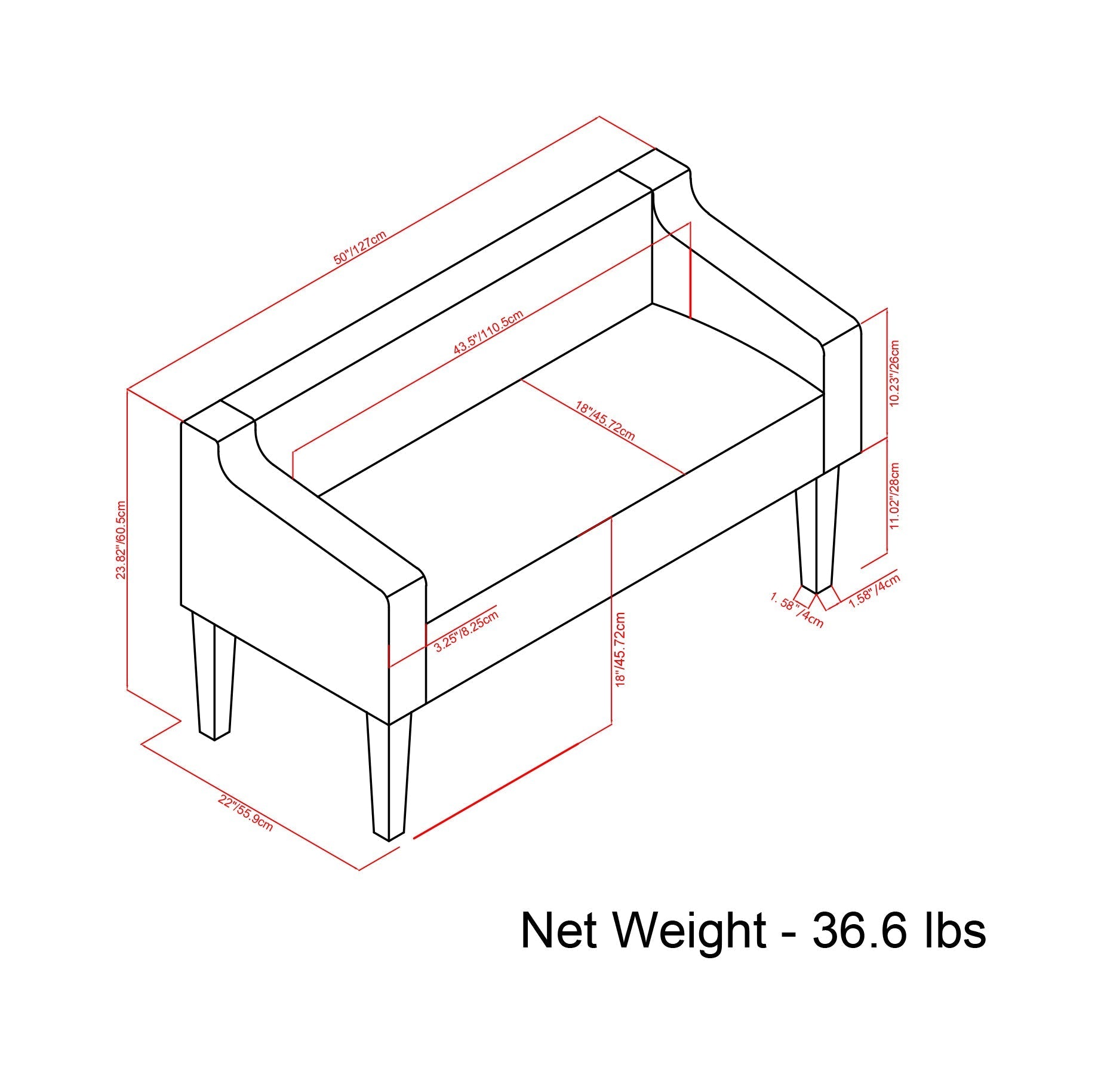 Parris Upholstered Bench Platinum by HouseOfZazla isometric drawing with red dimensions on Tampa Home & Garden Store