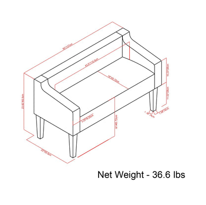 Parris Upholstered Bench Platinum by HouseOfZazla isometric drawing with red dimensions on Tampa Home & Garden Store