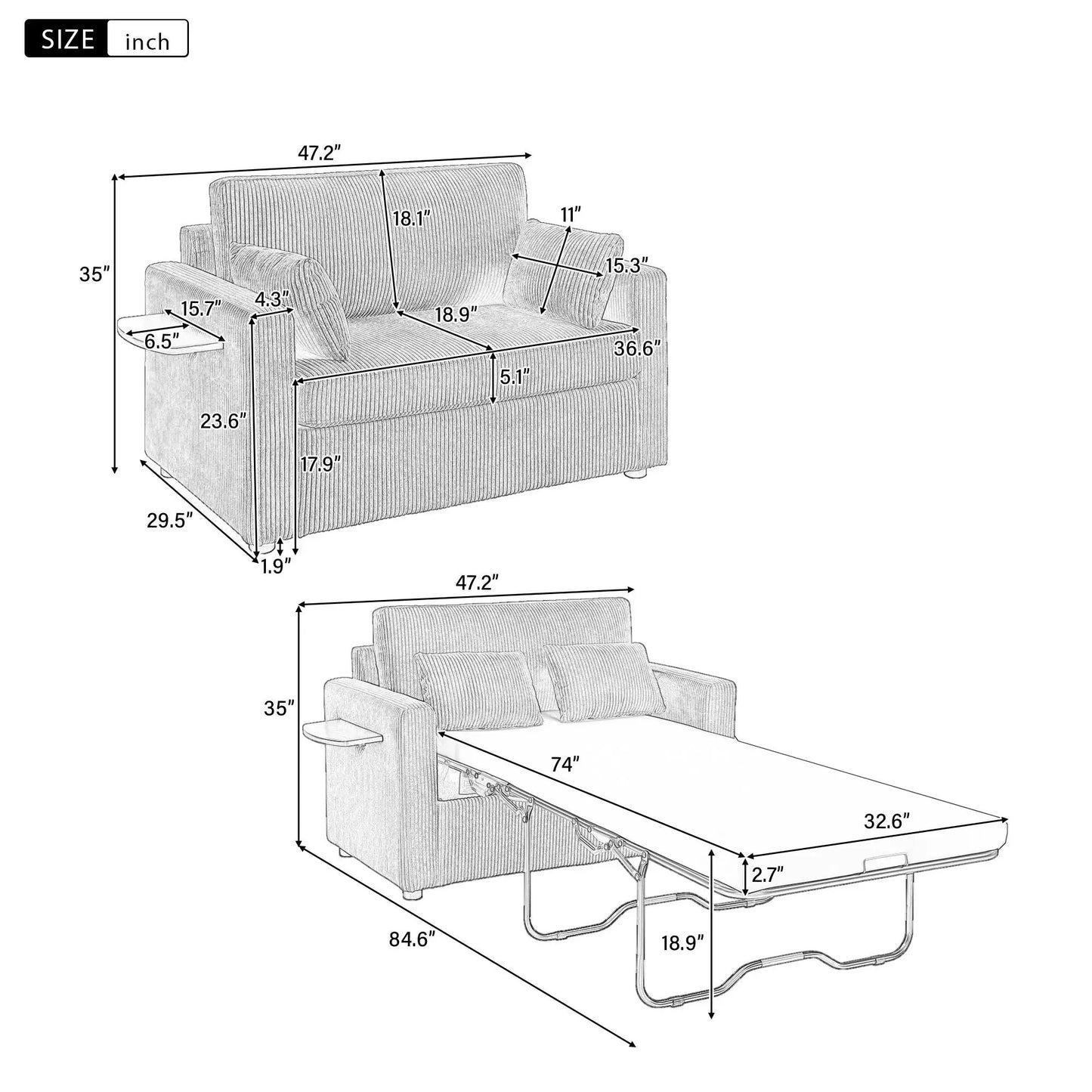 Sleeper sofa with foldable mattress, side table and storage pocket by Unique Piece Furniture on Tampa Home & Garden Store