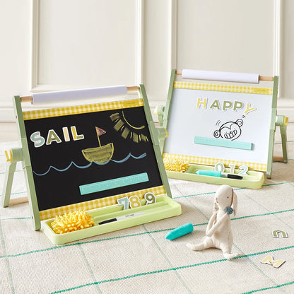 Tiny Land double-sided magnetic tabletop easel for kids, green frame, yellow gingham trim, 2pc on Tampa Home & Garden Store