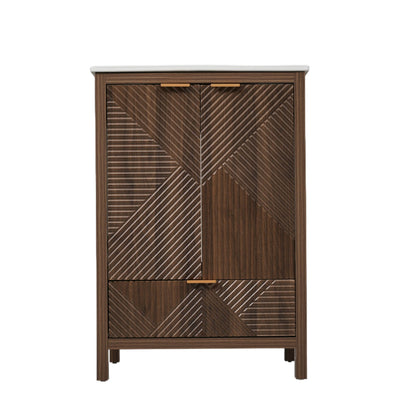 Modern bathroom vanity with sink in dark brown wood finish and white countertop on Tampa Home & Garden Store