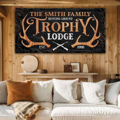 Family Hunting Trophy Lodge Sign canvas by Tailored Canvases with antler motif on Tampa Home & Garden Store
