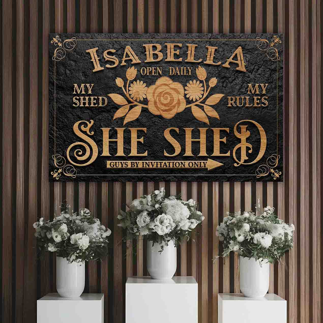Personalized She Shed Sign canvas art in black with gold lettering Tailored Canvases on Tampa Home & Garden Store