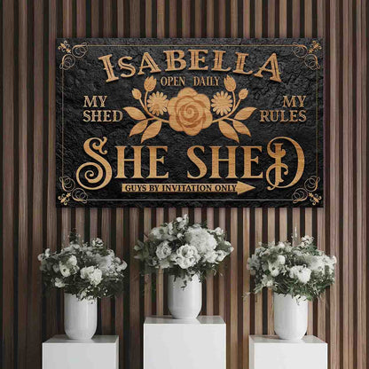 Personalized She Shed Sign canvas art in black with gold lettering Tailored Canvases on Tampa Home & Garden Store