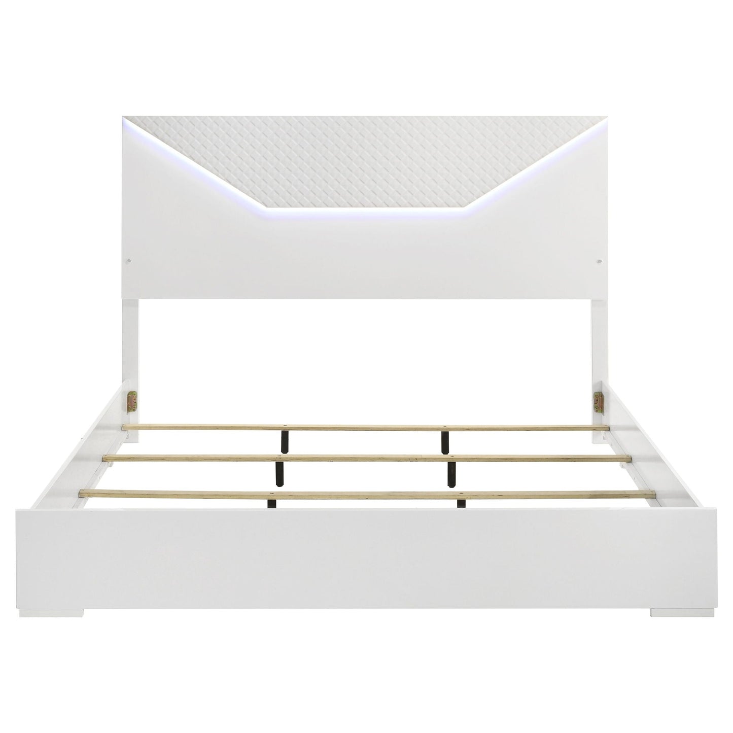 Pierce panel bed with LED headboard in white by HouseOfZazla; quilted headboard with purple glow on Tampa Home & Garden Store