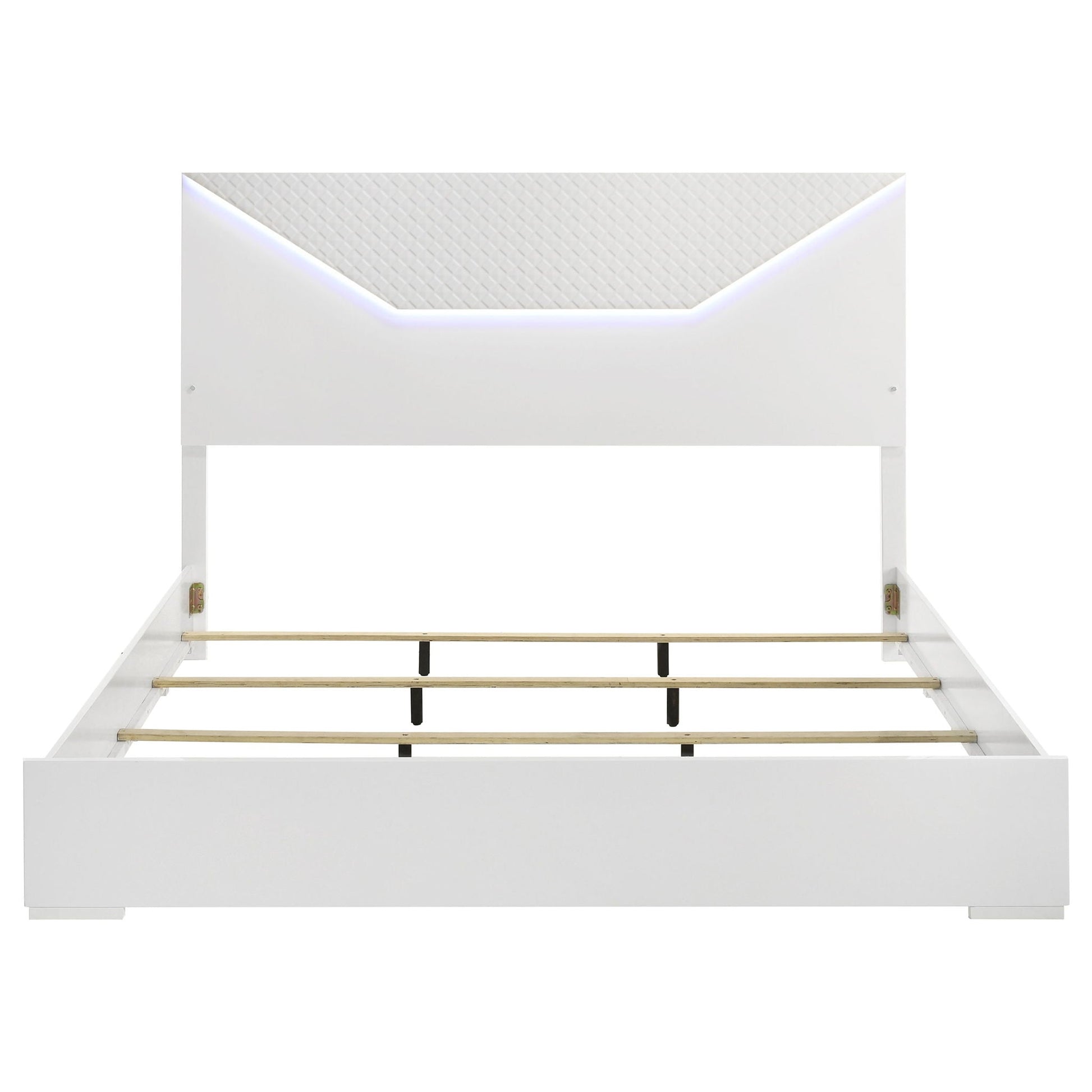 Pierce panel bed with LED headboard in white by HouseOfZazla; quilted headboard with purple glow on Tampa Home & Garden Store