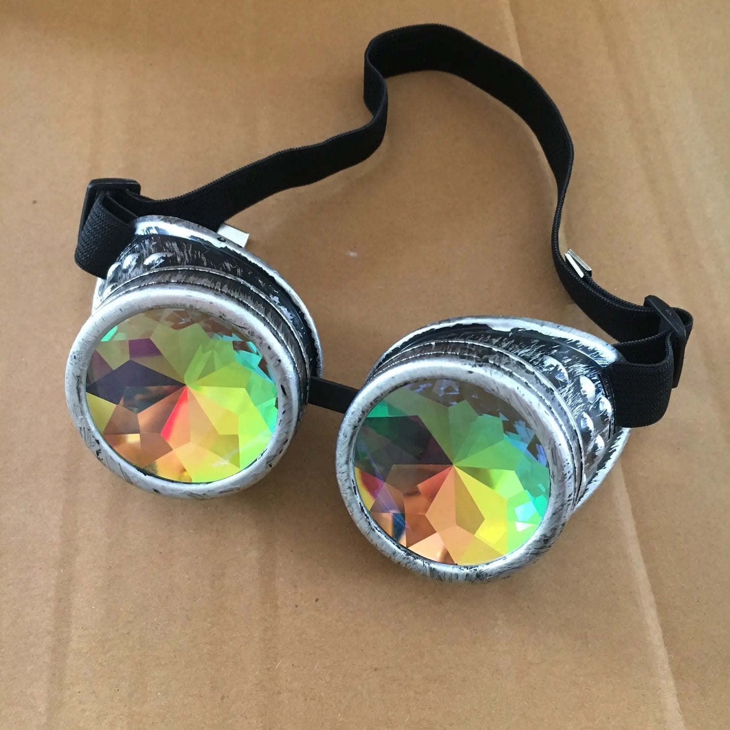 Steampunk goggles with silver metal frames and iridescent lenses, black strap FLIPSTYLEZLLC on Tampa Home & Garden Store