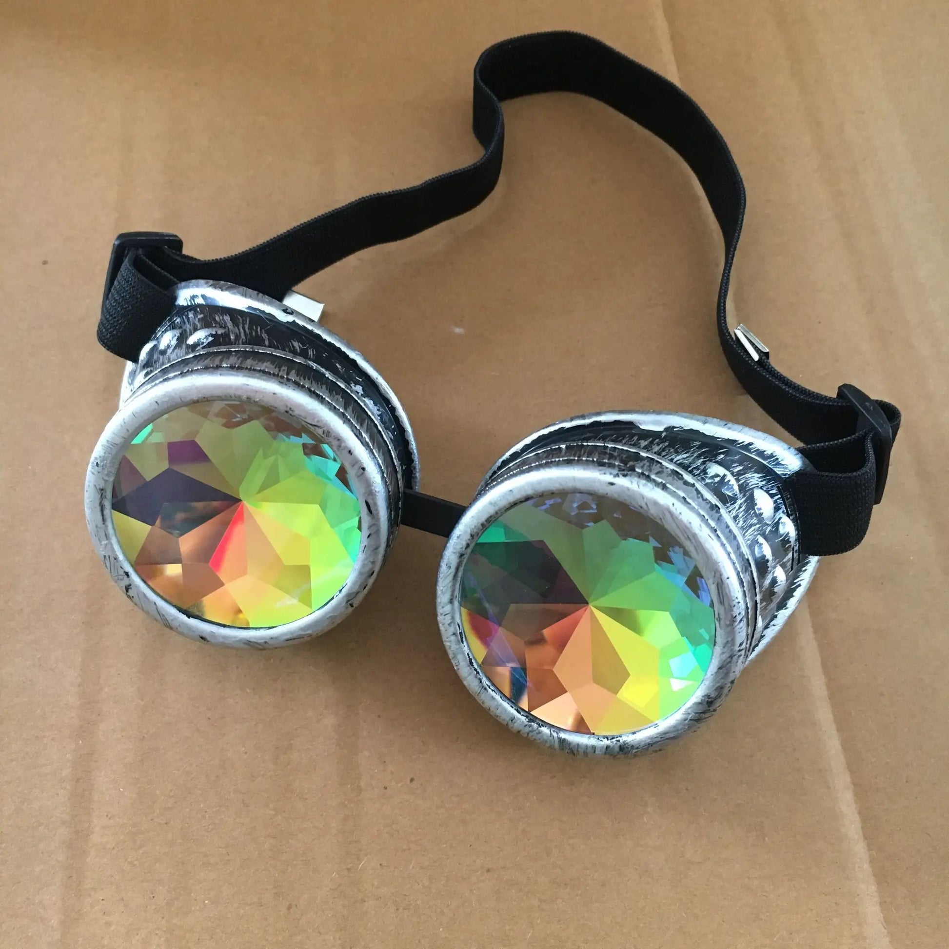 Steampunk goggles with silver metal frames and iridescent lenses, black strap FLIPSTYLEZLLC on Tampa Home & Garden Store