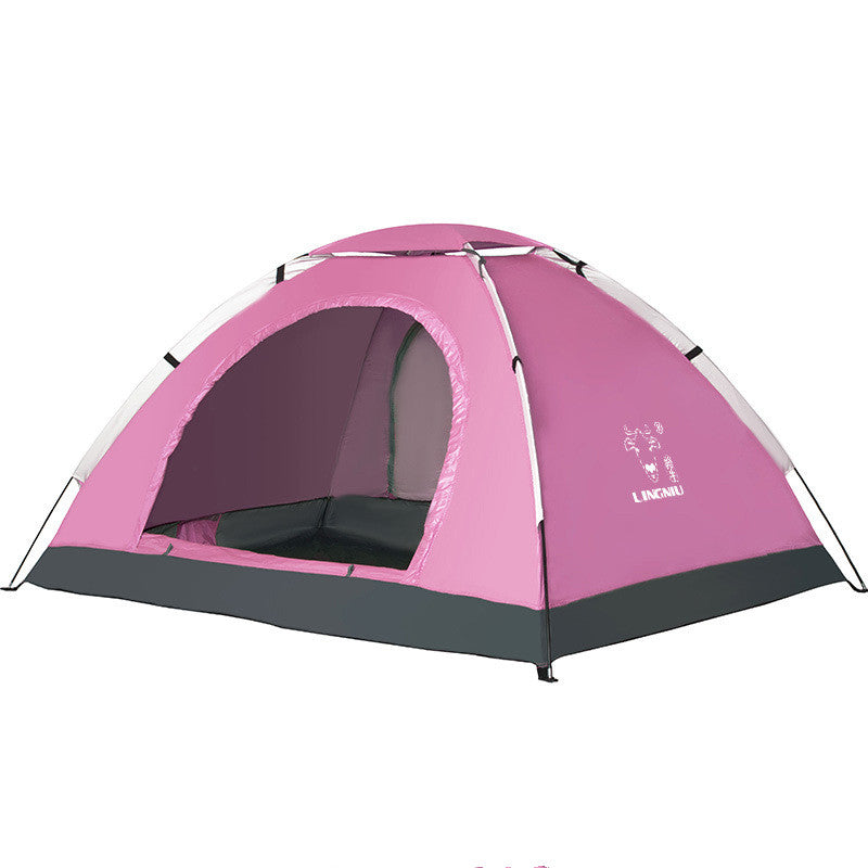 Pink single-layer camping tent with gray base and open doorway, My Store brand on Tampa Home & Garden Store