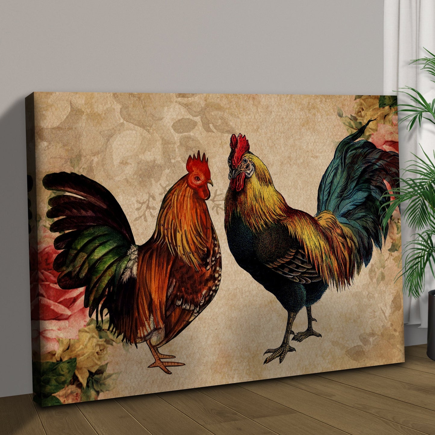 Retro Rooster Chicken Canvas Wall Art by Tailored Canvases; bold roosters on parchment on Tampa Home & Garden Store