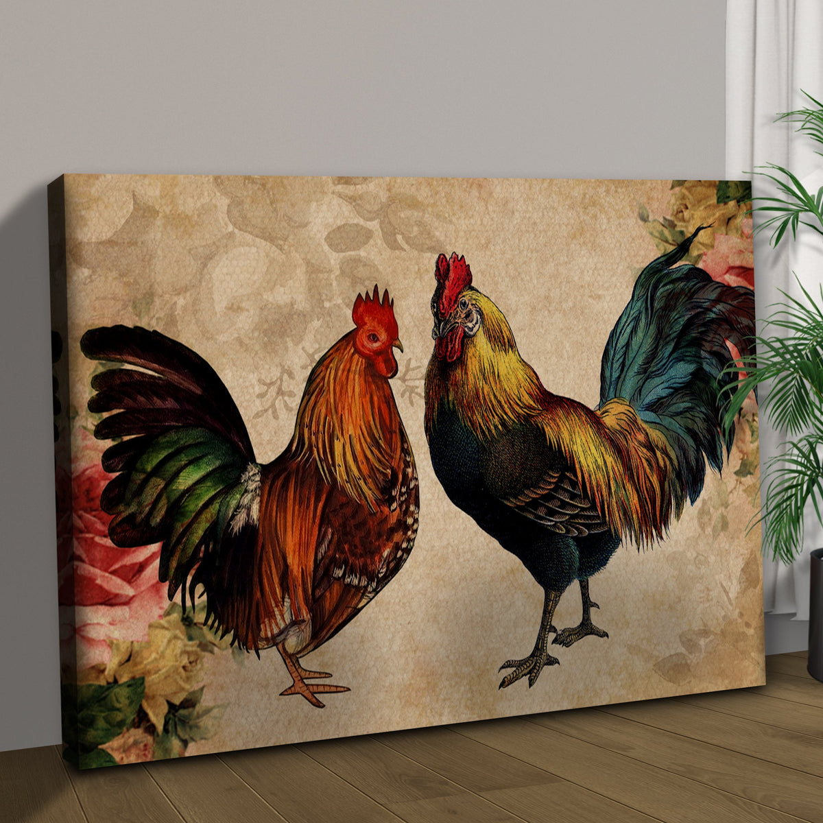 Retro Rooster Chicken Canvas Wall Art by Tailored Canvases; bold roosters on parchment on Tampa Home & Garden Store