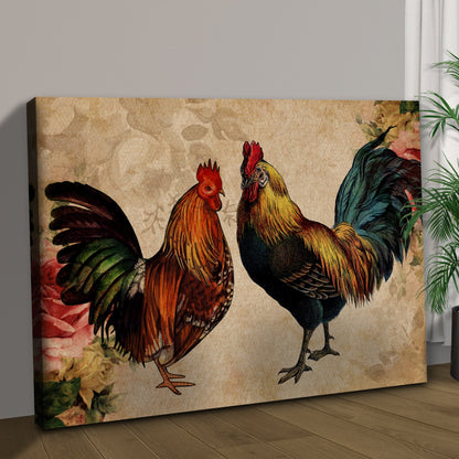Retro Rooster Chicken Canvas Wall Art by Tailored Canvases; bold roosters on parchment on Tampa Home & Garden Store