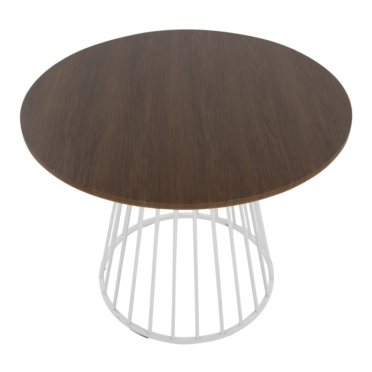 Contemporary round dining table with dark brown wood top and white metal base on Tampa Home & Garden Store