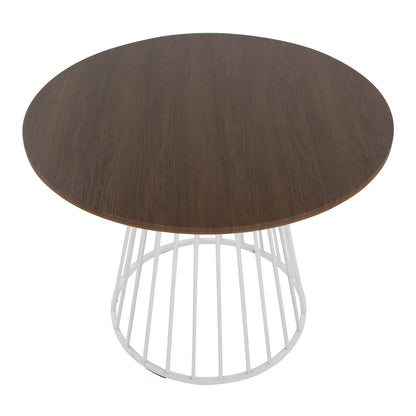 Contemporary round dining table with dark brown wood top and white metal base on Tampa Home & Garden Store