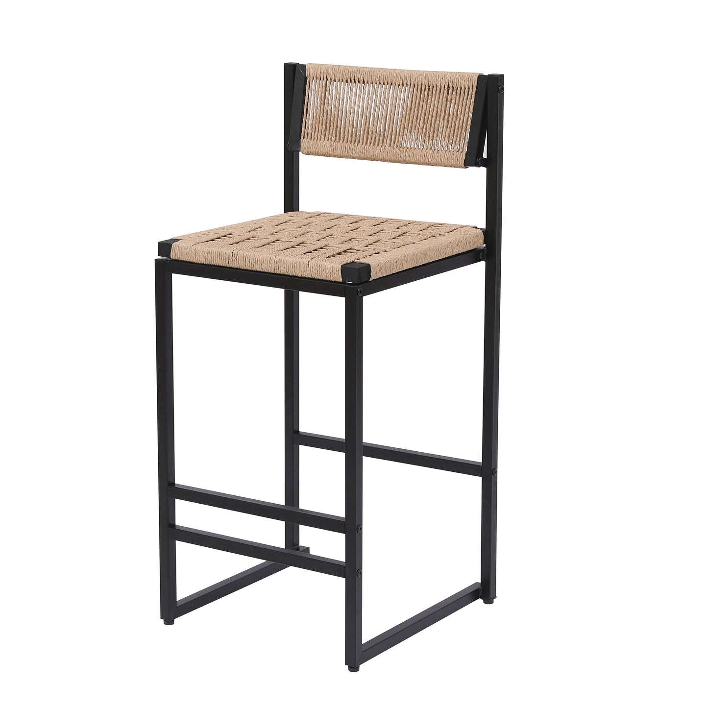 Bar stool with footrest, black metal frame and natural paper rope weave seat/back on Tampa Home & Garden Store