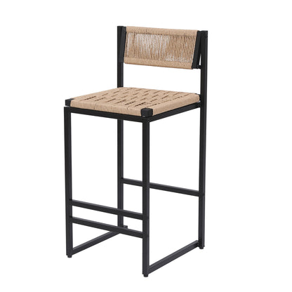 Bar stool with footrest, black metal frame and natural paper rope weave seat/back on Tampa Home & Garden Store