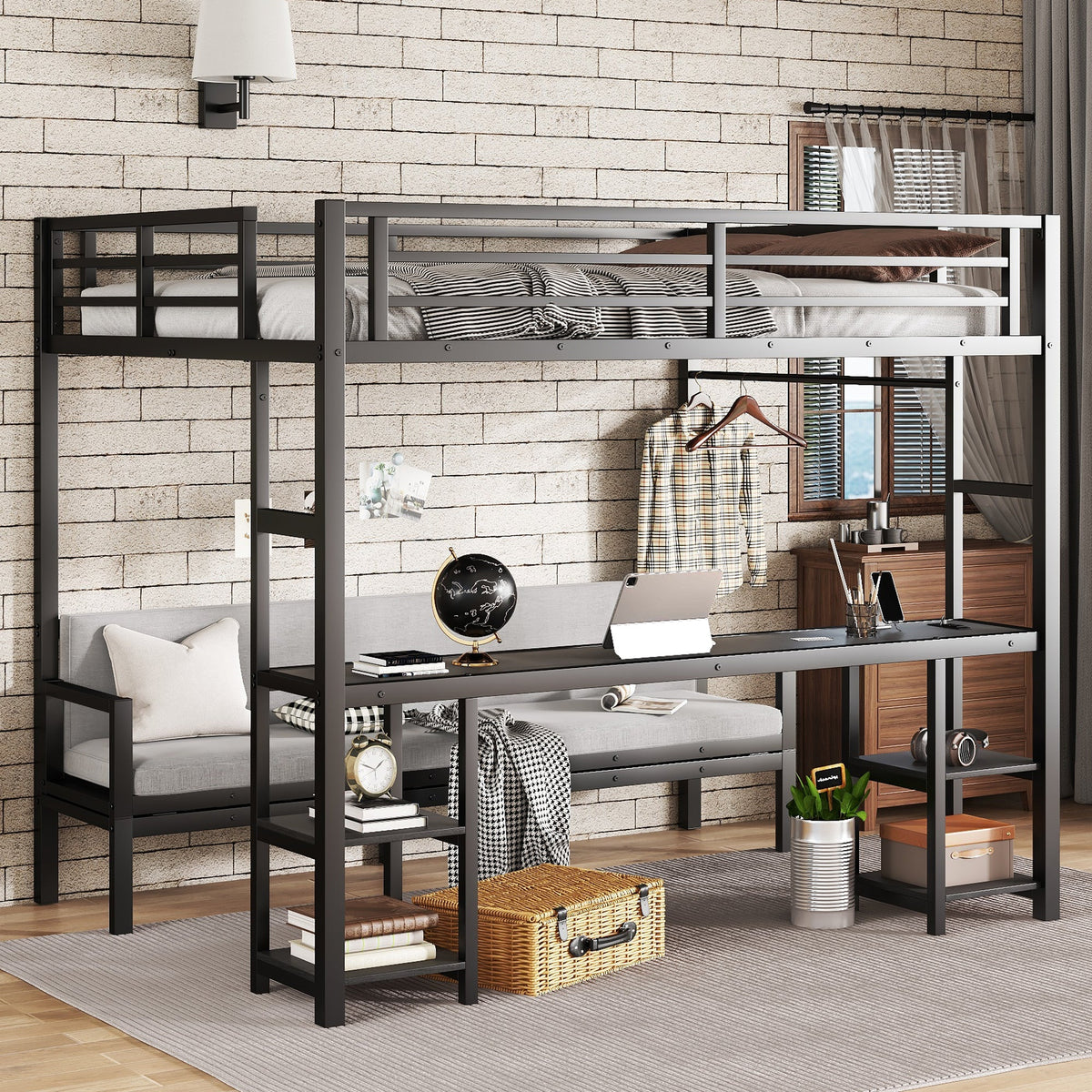 Queen over Twin XL metal bunk bed with desk and shelves in black steel frame on Tampa Home & Garden Store