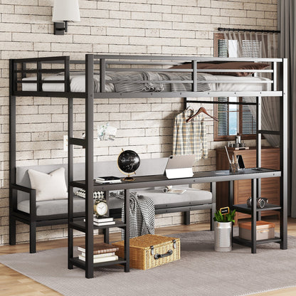 Queen over Twin XL metal bunk bed with desk and shelves in black steel frame on Tampa Home & Garden Store