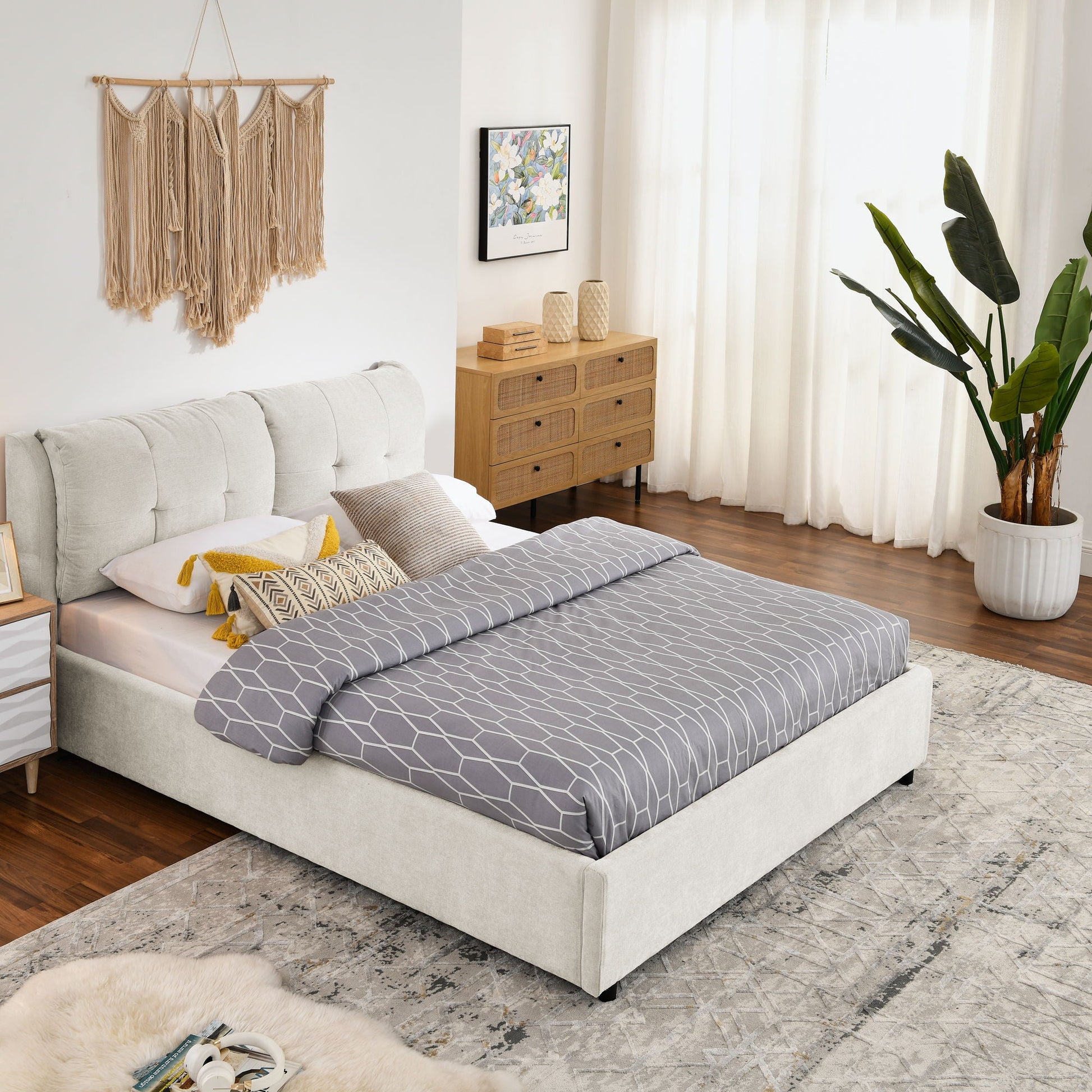 Storage upholstered platform bed with integrated headboard in light gray fabric on Tampa Home & Garden Store