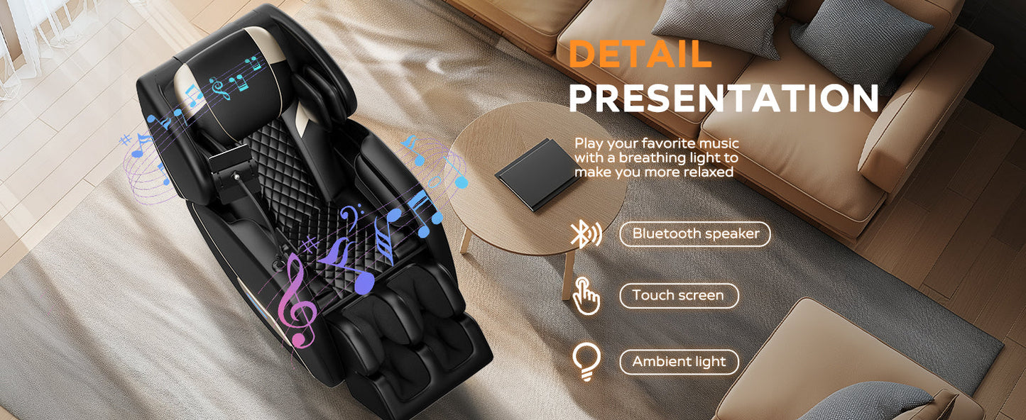 2024 massage chair recliner by HouseOfZazla in black leather with Bluetooth speaker air pressure on Tampa Home & Garden Store