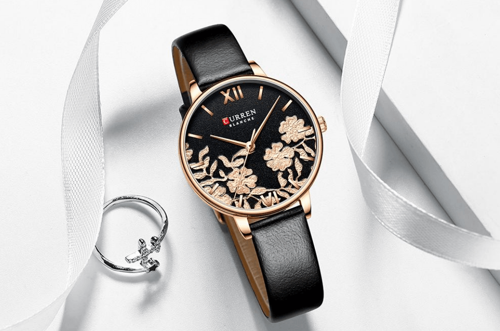 Womens elegant waterproof watch with decoupage floral dial and black leather strap on Tampa Home & Garden Store