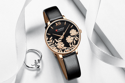 Womens elegant waterproof watch with decoupage floral dial and black leather strap on Tampa Home & Garden Store