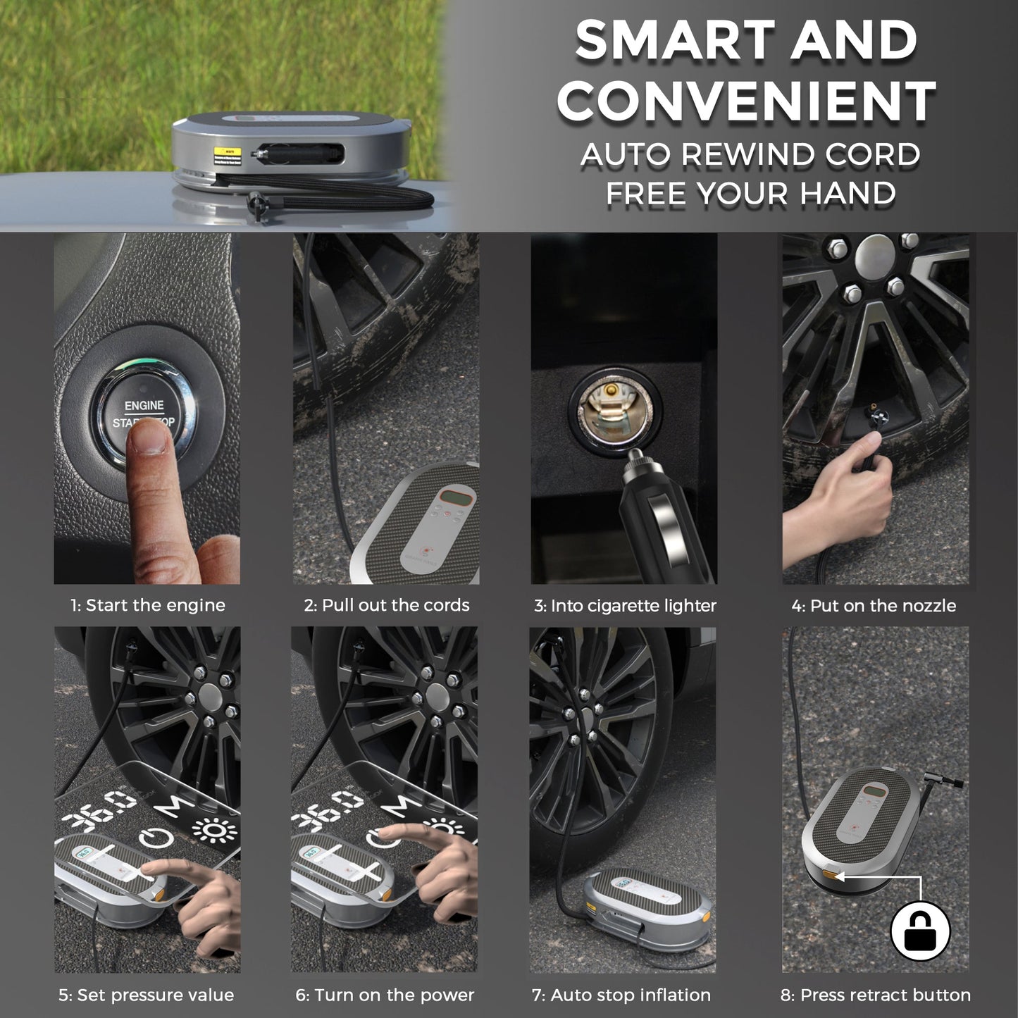 Gonfleur de pneu de voiture rétractable