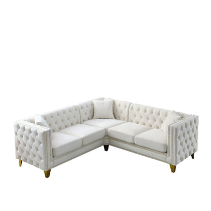 L-Shaped Corner Sofa 5-Seater sectional in white tufted leather with gold legs on Tampa Home & Garden Store