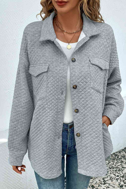 Comfortable Button-Down Collared Jacket in gray quilted fabric with front pockets by Stevvex on Tampa Home & Garden Store