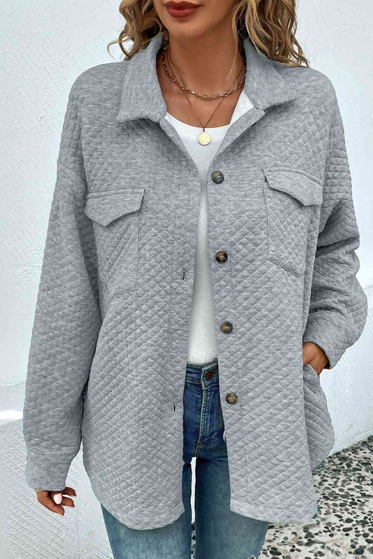 Comfortable Button-Down Collared Jacket in gray quilted fabric with front pockets by Stevvex on Tampa Home & Garden Store