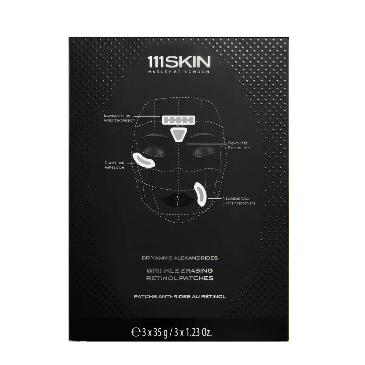 111SKIN Wrinkle Erasing Retinol Patches box in black packaging with diagram and patches on Tampa Home & Garden Store