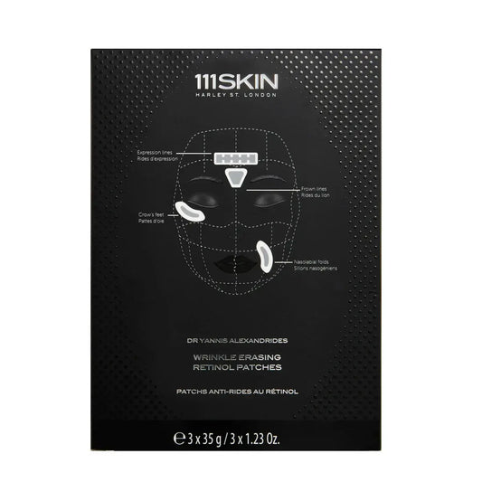 111SKIN Wrinkle Erasing Retinol Patches box in black packaging with diagram and patches on Tampa Home & Garden Store