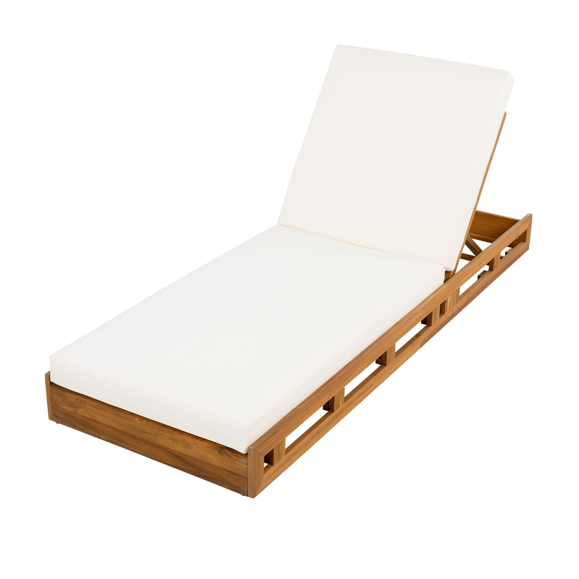 Acacia wood sunlounger with teak frame and cream water-resistant cushions, adjustable backrest on Tampa Home & Garden Store