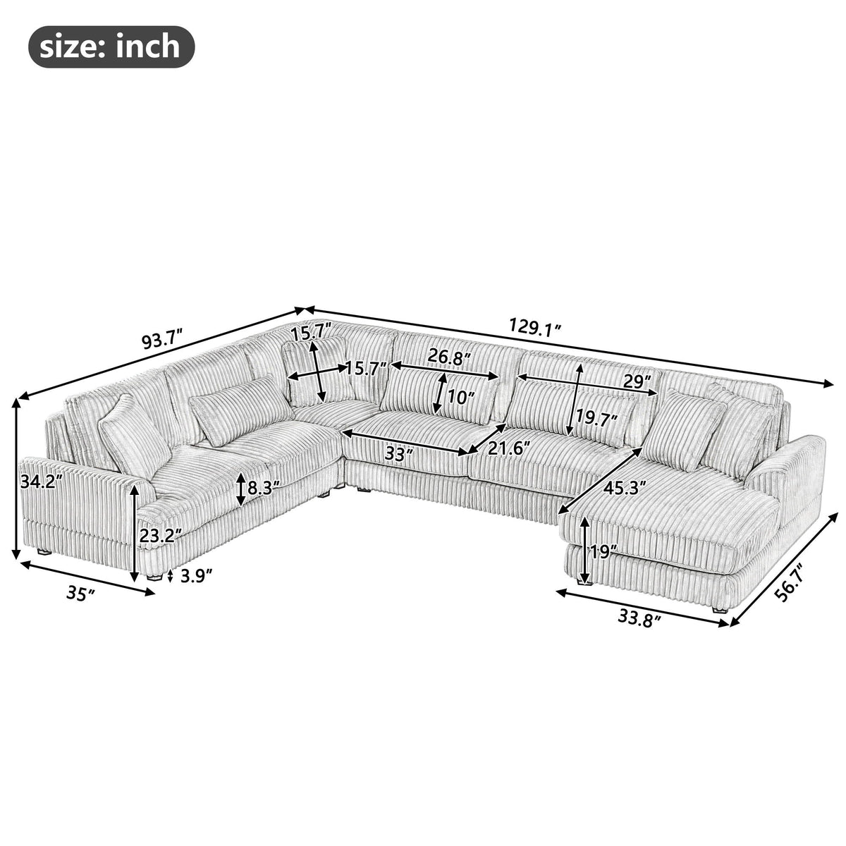 U-shaped gray sectional sofa with chaise lounge by HouseOfZazla, oversized stationary on Tampa Home & Garden Store