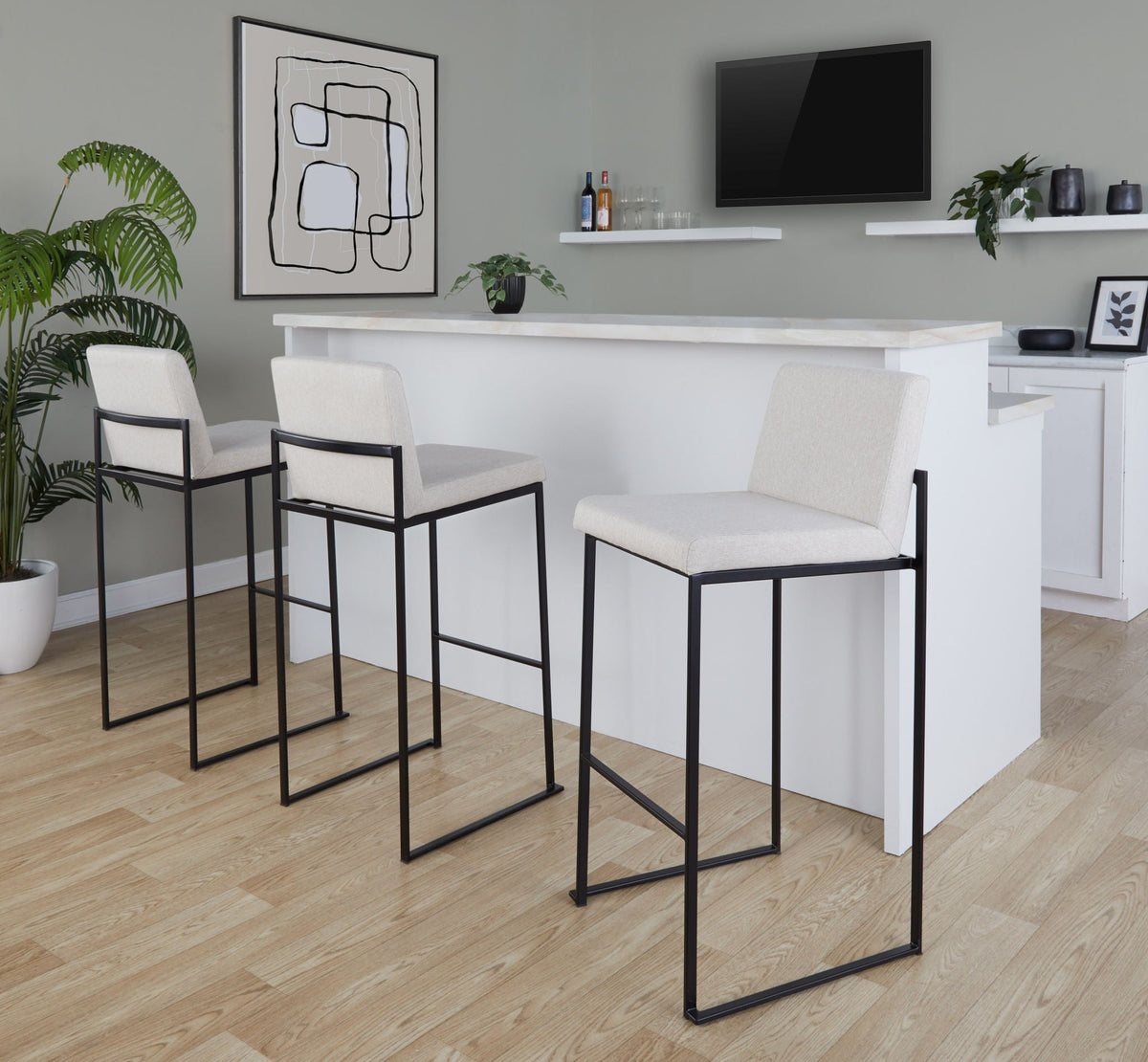 High back contemporary bar stools, cream upholstery, black metal frames, set of 3 on Tampa Home & Garden Store