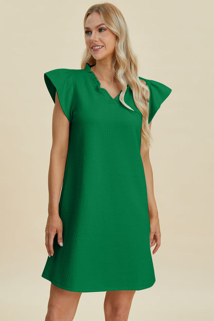 Ruffled V-Neck Cap Sleeve Dress by Stevvex, green textured full-size dress on Tampa Home & Garden Store