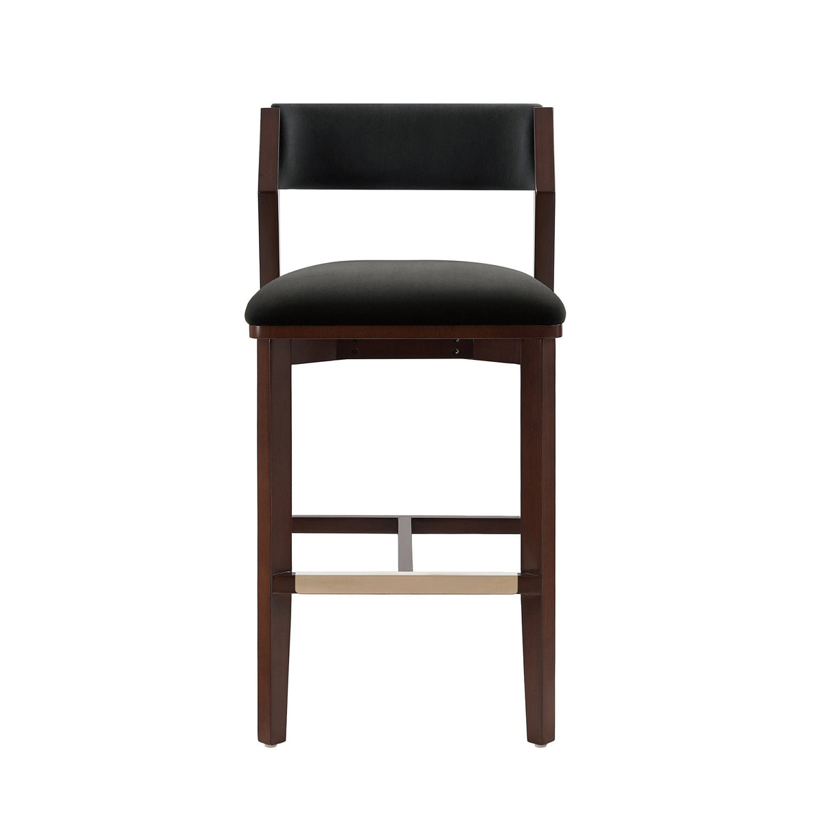 Bar height barstool with backrest, dark wood frame, black padded seat and back, chrome footrest on Tampa Home & Garden Store