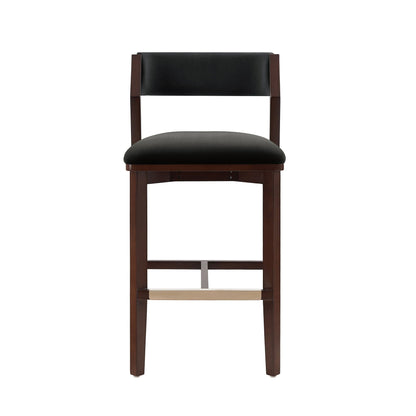 Bar height barstool with backrest, dark wood frame, black padded seat and back, chrome footrest on Tampa Home & Garden Store