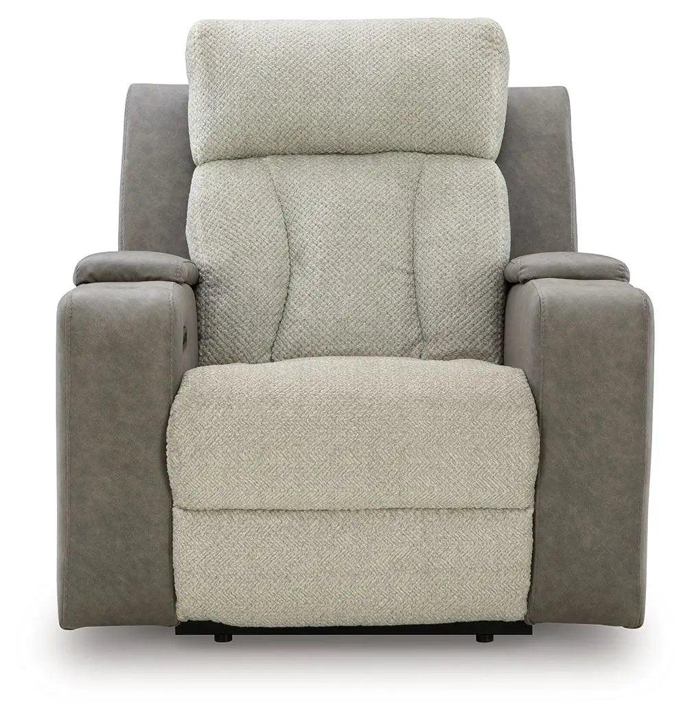 WhipLash power recliner with adjustable headrest in sisal beige fabric and gray arms on Tampa Home & Garden Store