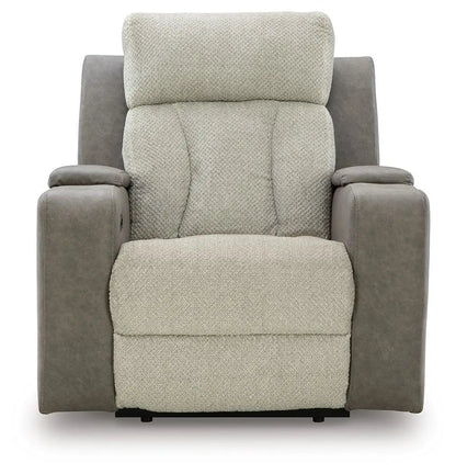 WhipLash power recliner with adjustable headrest in sisal beige fabric and gray arms on Tampa Home & Garden Store