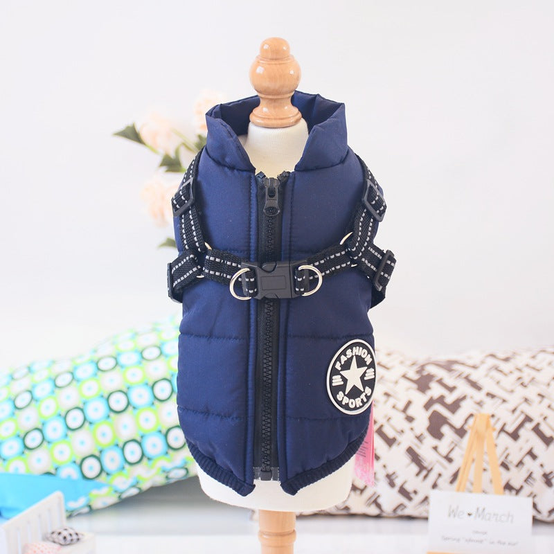 Pet Zen navy blue dog coat with harness straps and front zipper on Tampa Home & Garden Store