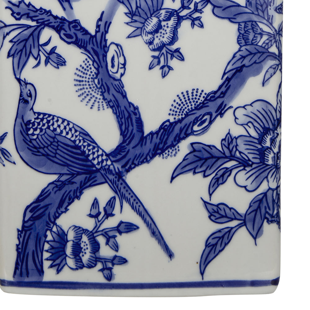 Blue and white ceramic vase lamp with bird and branch motif on Tampa Home & Garden Store