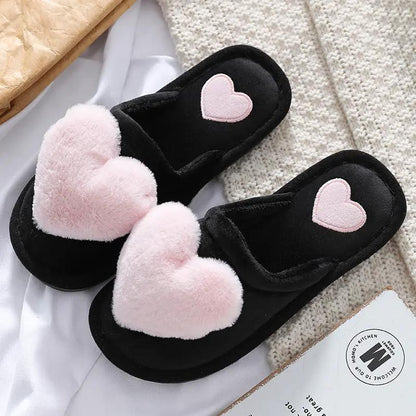 Black plush love slippers with pink fluffy hearts, Valentine's Day pair by FLIPSTYLEZLLC on Tampa Home & Garden Store