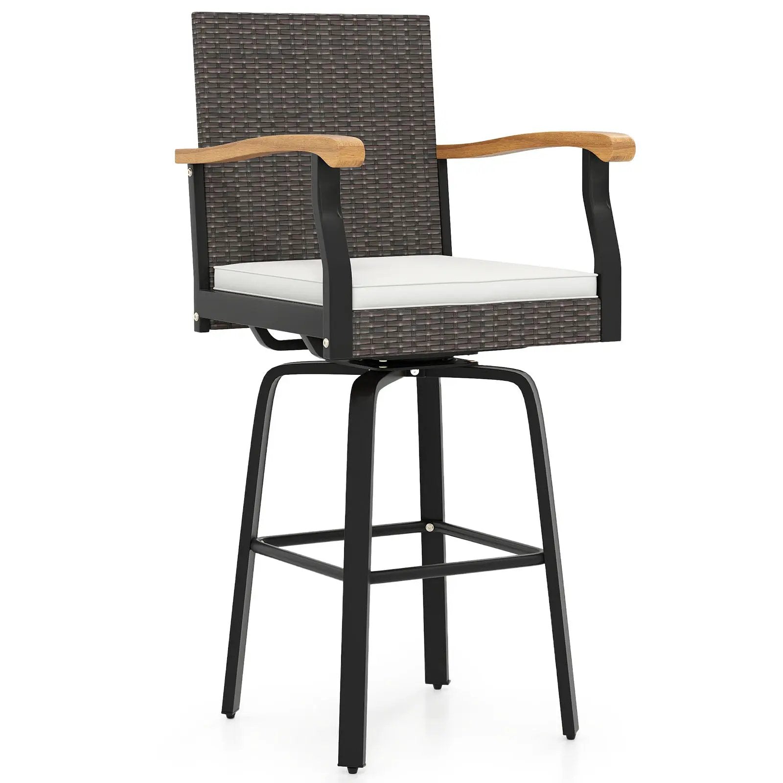 DirectDeals set of 2 360° swivel bar stools with acacia wood arms and white cushions on Tampa Home & Garden Store